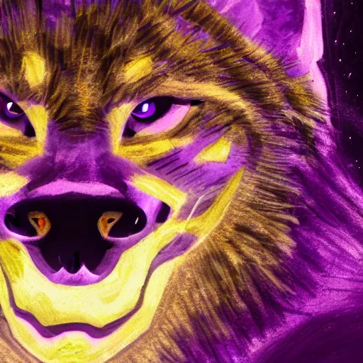 Image similar to closeup of a purple panther roaring at the moon in the forest. night. large moon in the center. cinematic. concept art.