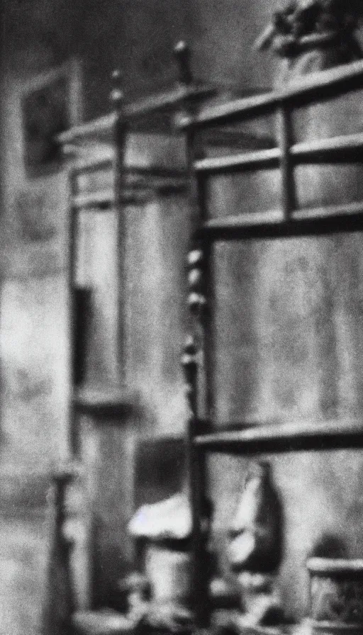 Image similar to an object on display in an ethnographic museum, film still, cinematic, out of focus, enhanced, 1 9 2 0 s, black and white, grain