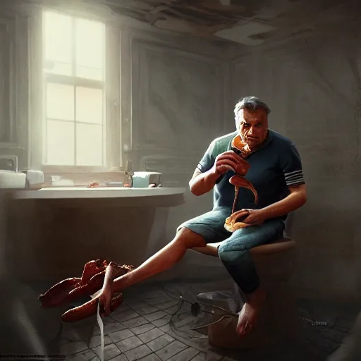 Image similar to viktor orban sitting on the toilet and eating bacon by greg rutkowski, highly detailed, octane render, 4 k, 8 k, hdr, cgsociety, amazing lightning, masterpiece