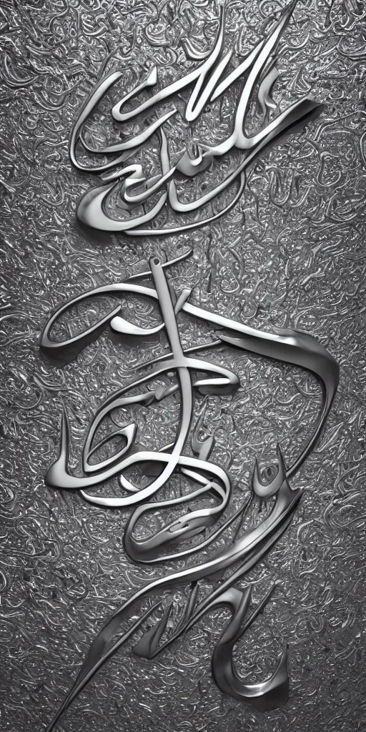 Image similar to a photorealistic render of a 3 d arabic calligraphy, made of liquid metal and marble, cinema 4 d, by zhelong xu, ernst haeckel and mouneer alshaarani, hyper realistic, plain background, 8 k, volumetric lightning, trending on artstation