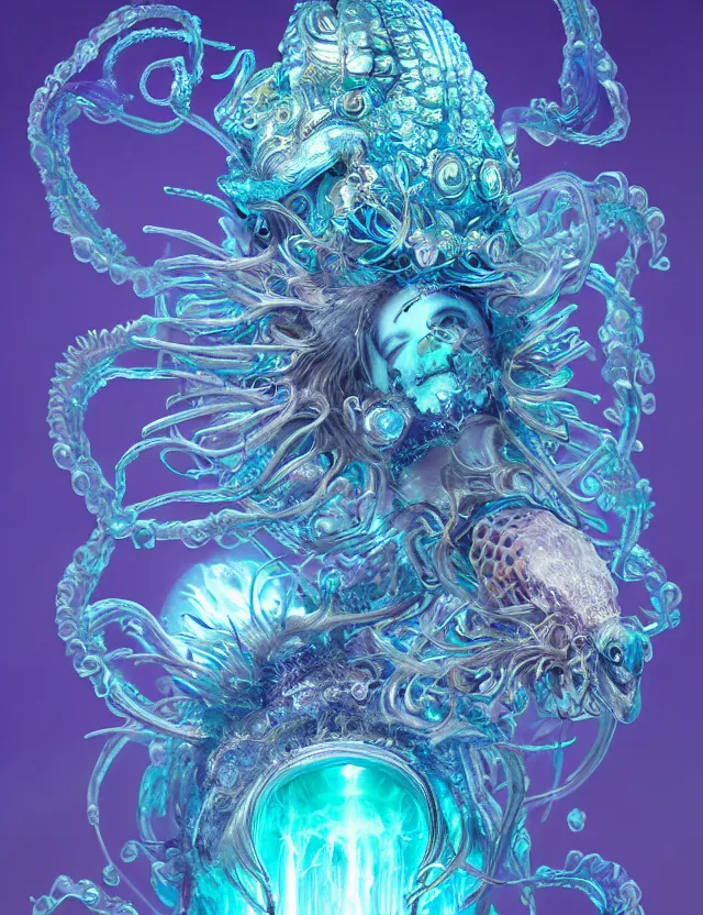 Image similar to goddess macro shouler portrait from bottom to top in crown made of ram skull. betta fish, jellyfish phoenix, bioluminiscent, plasma, ice, water, wind, creature, super intricate ornaments artwork by tooth wu and wlop and shofff and greg rutkowski