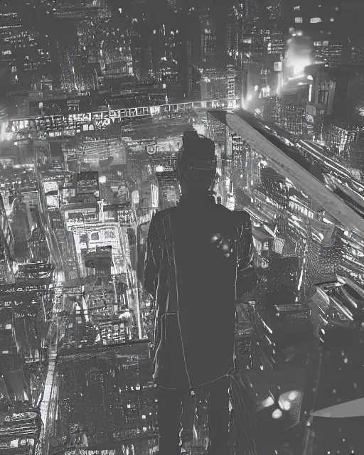 Image similar to a night rooftop scene, light from traffic in the city below, close up shot of a gangster wearing a streetwear trench coat looking at the city below, unreal engine, hyper realism, realistic shading, cinematic composition, in the style of Liam Wong and Makoto Shinkai