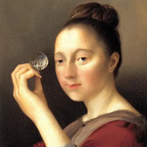 Image similar to Portrait of a woman staring blankly at the viewer while tears stream down her cheeks and she holds a mirror in her hand.