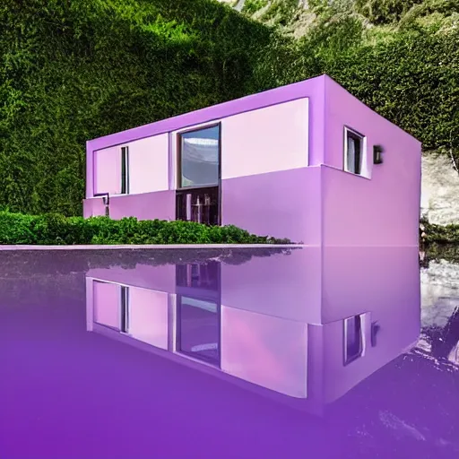 Image similar to a house made of translucent purple colored water in high quality with a porsche 9 1 1