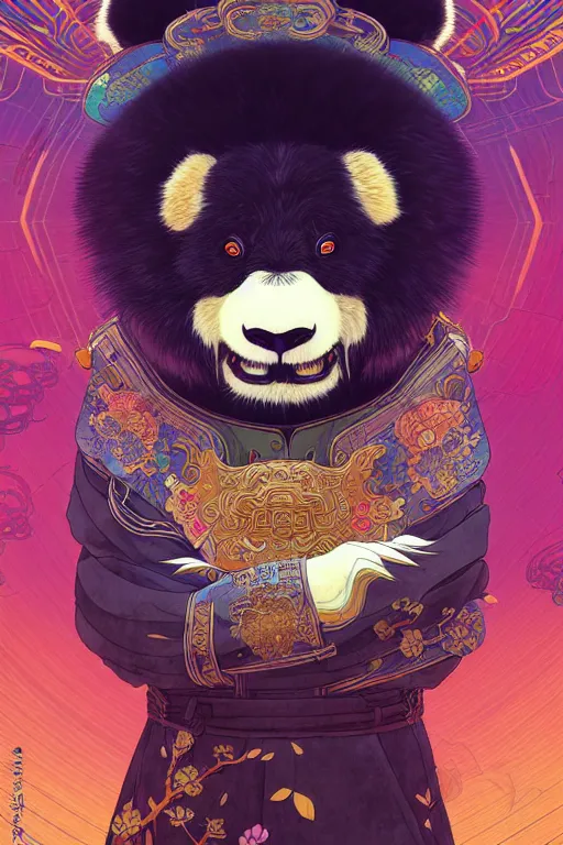 Image similar to a beautiful hyperdetailed character design 4 k wallpaper illustration of a cute panda with a chinese lion dance head victo ngai cyberpunk style, from china, style of studio ghibli, makoto shinkai, raphael lacoste, louis comfort tiffany, artgerm, james jean, ross tran, chinese style