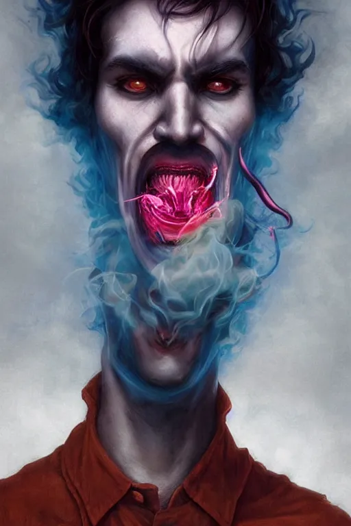 Prompt: portrait of a man with smoke demon coming from mouth, by artgerm, tom bagshaw, gerald brom, vaporwave!, vaporwave colors!, lo fi colors, vaporwave!, lo fi, 4 k, hd,