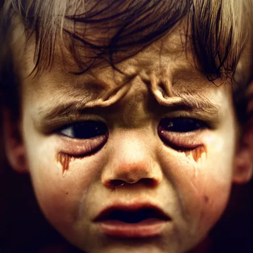 Image similar to portrait photography of crying child with tears in eyes by annie leibovitz, deep emotions, perfect facial symmetry, dim volumetric cinematic lighting, 8 k, post - processing, extremely hyper - detailed, intricate, epic composition, masterpiece, stunning,