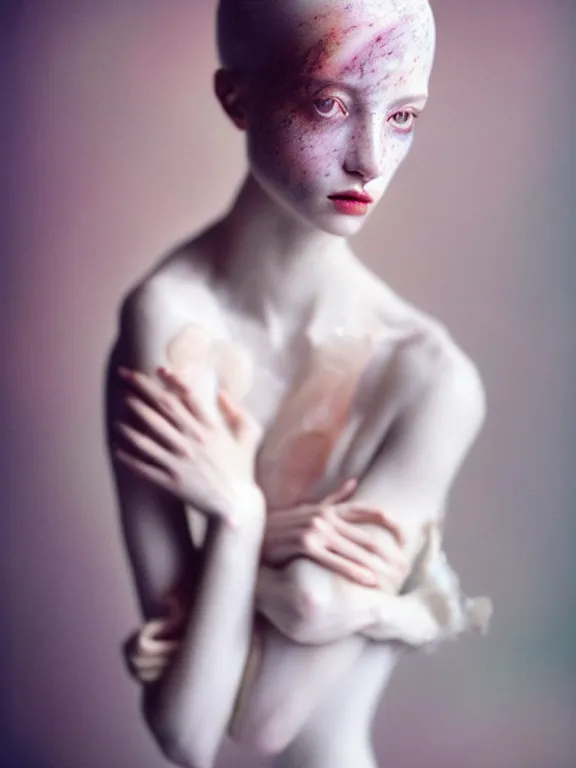 Prompt: cinestill 5 0 d photo portrait of a beautiful hybrid woman in style of paolo roversi by roberto ferri, translucent weird marble body intricate detailed, intricate dreamy marble ornamental hair, 5 0 mm lens, f 1. 4, sharp focus, ethereal, emotionally evoking, head in focus, volumetric lighting, matt tonal colors outdoor