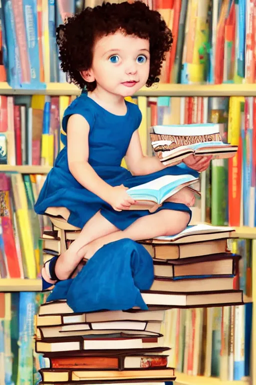 Prompt: a cute little girl with short curly brown hair and blue eyes sits cross legged on top of a tall pile of books. she is reading. clean pretty cartoon painting in disney style, beautiful detailed face.