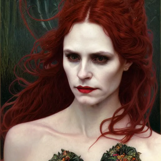 Image similar to portrait of a lady vampire, 35mm, victorian, depth of field, ominous, sharp, highly detailed, photorealistic, realistic, unreal 5, high definition, 8k, deviantart, donato giancola, irwin penn, ((Alphonse Mucha))