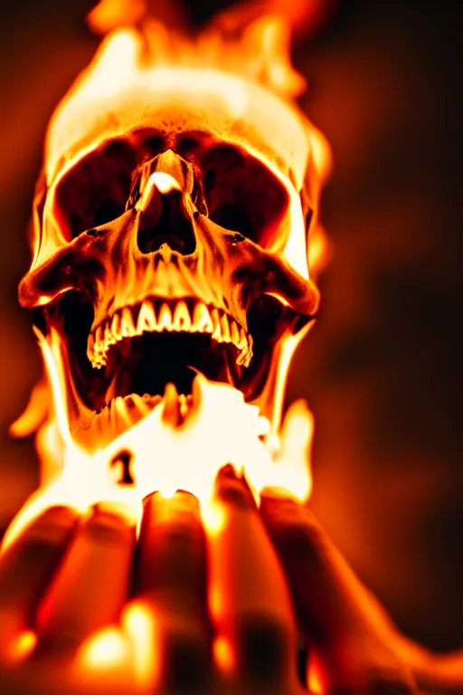 Image similar to photograph of a skull burning while being held up by a skeletal hand photorealistic, hyperdetailed, volumetric light, cinematic, f 8 aperture