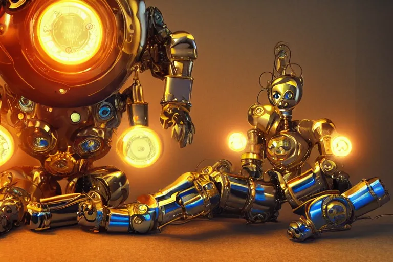 Image similar to a golden and blue metal humanoid steampunk robots wearing and gears and tubes is sitting on the ground, meditation, eyes are glowing red lightbulbs, shiny crisp finish, 3 d render, 8 k, insaneley detailed, fluorescent colors