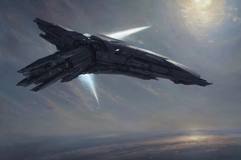 Image similar to hyper realistic sci - fi matte concept art painting of a starship above earth, beautiful details, strong composition painted by kim jung guweta studio rutkowski, james gurney and greg rutkowski, and lucasfilm, smooth, intricate, detailed, sharp focus, cinematic