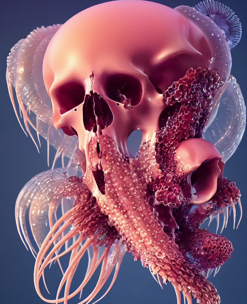 Image similar to goddess close-up portrait animal skull. jellyfish phoenix head, nautilus, orchid, skull, betta fish, bioluminiscent creatures, intricate artwork by Tooth Wu and wlop and beeple. octane render, trending on artstation, greg rutkowski very coherent symmetrical artwork. cinematic, hyper realism, high detail, octane render, 8k