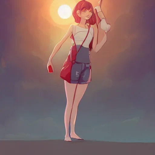 Prompt: lois van baarle, artgerm, helen huang, by makoto shinkai and ilya kuvshino, rossdraws, illustration, art by ilya kuyshuno. cute scarlet red haired cybertronic woman, steel gray body, denim shorts, at beach at sunset, beautiful face, smile, elegant, exaggerated proportions, looking at camera