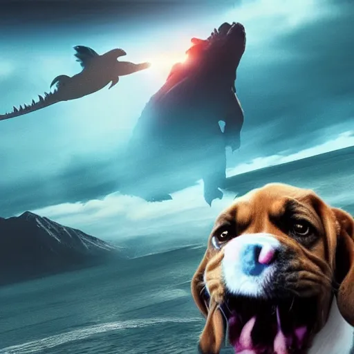 Image similar to gigantic 1 0 0 meters beagle dog fighting with godzilla over the sea, epic cinematic, 4 k, very high detail