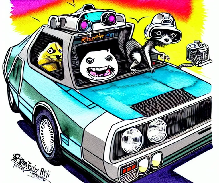 Prompt: cute and funny, ( ( ( ( ( ( racoon ) ) ) ) ) ) wearing a helmet riding in a tiny silver color hot rod dmc delorean with oversized engine, ratfink style by ed roth, centered award winning watercolor pen illustration, colorful isometric illustration by chihiro iwasaki, edited by range murata