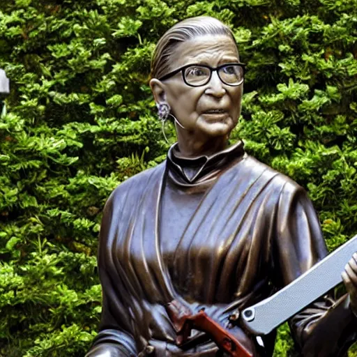 Image similar to bronze statue of Ruth Bader Ginsburg holding a chainsaw over her head