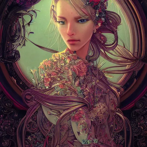 Image similar to the most ridiculously beautiful and elegant woman ever imaginable, an ultrafine detailed illustration by james jean, final fantasy, intricate linework, bright colors, behance contest winner, vanitas, angular, altermodern, unreal engine 5 highly rendered, global illumination, radiant light, detailed and intricate environment