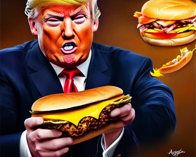 Prompt: donald trump licking a cheeseburger, deep focus, fantasy, intricate, highly detailed, digital painting, artstation, concept art, matte, sharp focus, illustration, hearthstone, art by artgerm and greg rutkowski and alphonse mucha