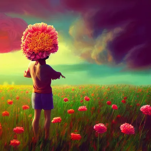 Prompt: giant carnation flower head, girl in a flower field, surreal photography, sunrise dramatic light, impressionist painting, colorful clouds, digital painting, artstation, simon stalenhag, flower face