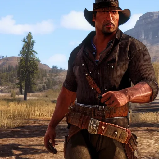 Prompt: dwayne the rock johnson as red dead redemption screenshot from red dead redemption