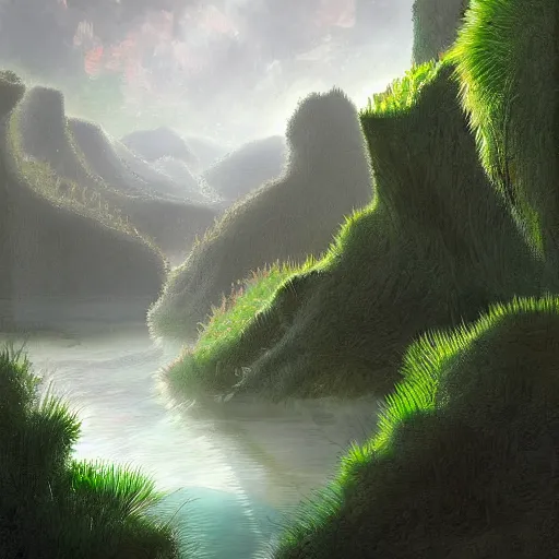 Prompt: detailed digital painting of a lush natural scene on an alien planet by vincent bons. soft intersting colour scheme. grainy. beautiful landscape. weird vegetation. cliffs and water.