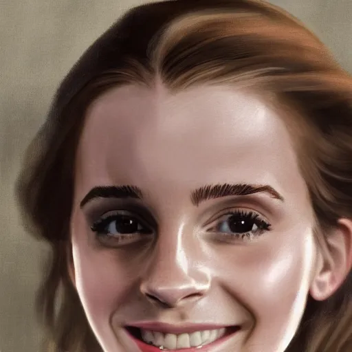 Image similar to Painting of Emma Watson as Hermione Granger. Smiling. Happy. Cheerful. Art by Vermeer. Extreme close up. Extremely detailed. Beautiful. 4K. Award winning.