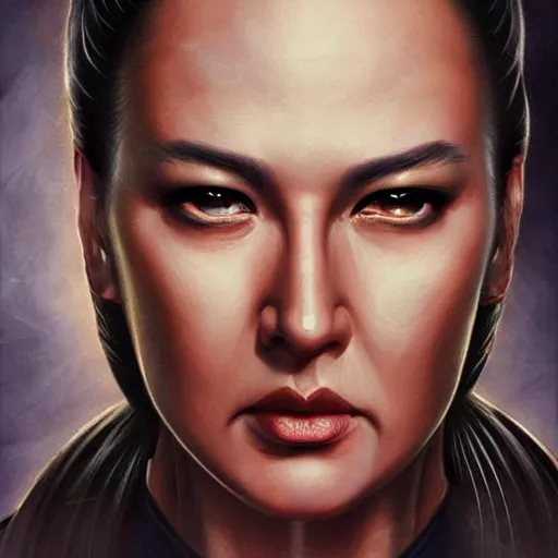 Image similar to steven seagal female, jedi master, wearing the traditional jedi robe, beautiful and uniquely odd looking, detailed symmetrical close up portrait, intricate complexity, in the style of artgerm and ilya kuvshinov, magic the gathering, star wars art