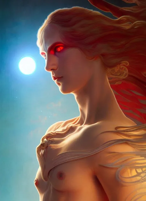 Image similar to the pale blond sun god apollo smirking, full body shot, sci fi, glowing eyes, volumetric lights, red and cyan theme, art nouveau botanicals, intricate, highly detailed, digital painting, artstation, concept art, smooth, sharp focus, cinematic, illustration, beautiful face, art by artgerm and greg rutkowski and alphonse mucha