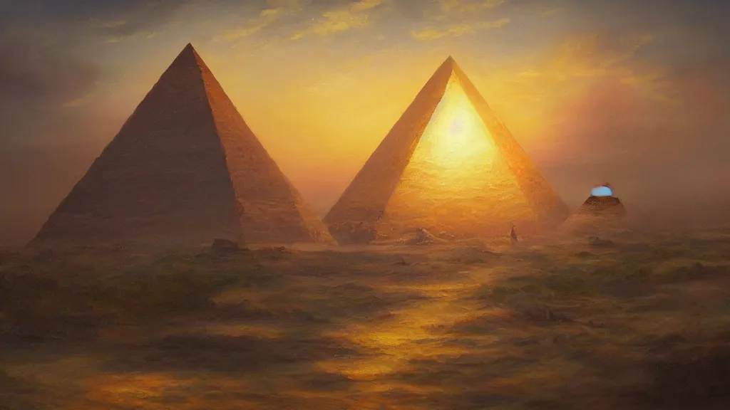 Image similar to Trending on artstation, beautiful pyramid with golden tip illuminated by the sunset, detailed matte painting, oil on canvas