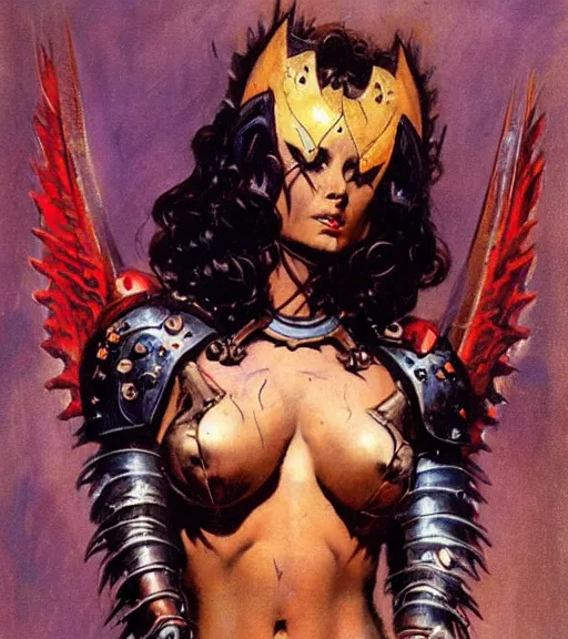 Image similar to portrait of strong female chaos angel, beautiful! coherent! by frank frazetta, by brom, strong line, deep color, spiked metal armor, maximalist