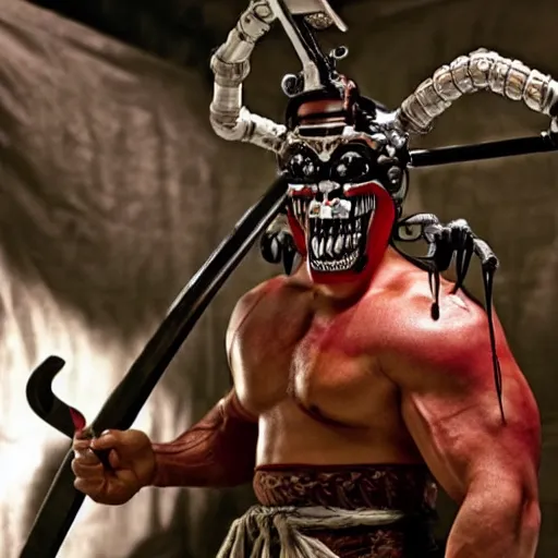 Image similar to very big very muscular very buff very strong samurai, wearing a cybernetic oni mask. The mask is cybernetic and scary. Movie still