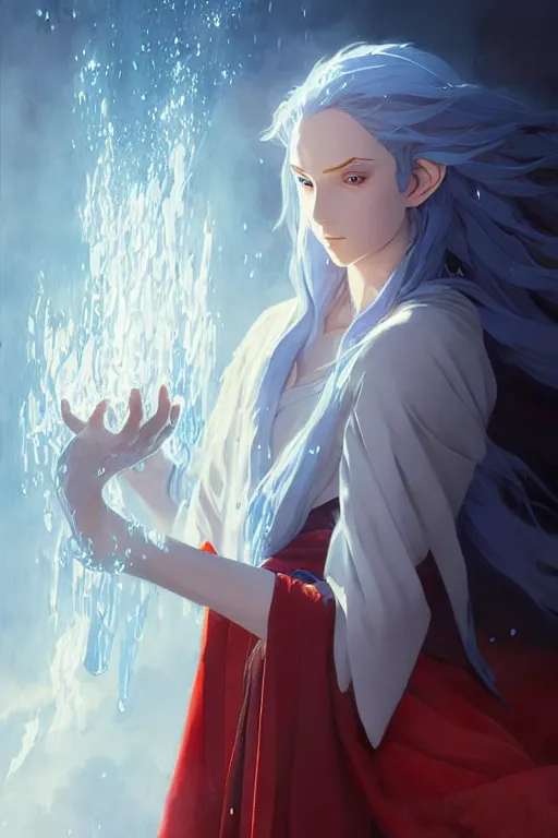 Image similar to elvish female sorcerer doing water magic spells, blue robes, red hair, finely detailed perfect face, exquisite details, mid view, design on a white background, by studio muti, greg rutkowski makoto shinkai takashi takeuchi studio ghibli