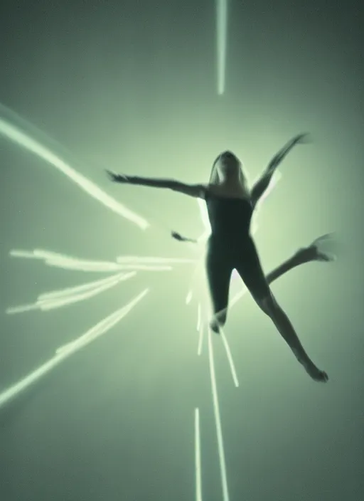 Image similar to female ascending into the sky, glowing aura, motion blur, long exposure, film grain, cinematic lighting, experimental film, shot on 1 6 mm