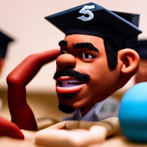 Image similar to a cinematic film still of a claymation stop motion film starring chance the rapper as a college student, shallow depth of field, 8 0 mm, f 1. 8