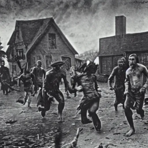Image similar to Cthulhu attacking village, people running in panic, photo, 1920