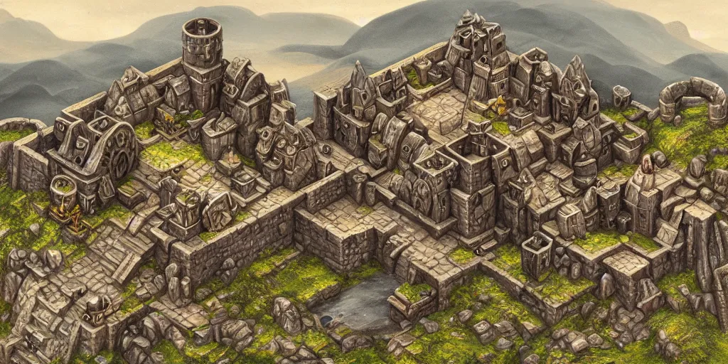 Image similar to isometric view of a dwarven fortress at the edge of a mountain range, matte oil painting, landscape, medieval fantasy, epic, capital site, smelters, forges, waterwheels, chiseled architecture, ornate, trading depots, extremely detailed, sharp focus