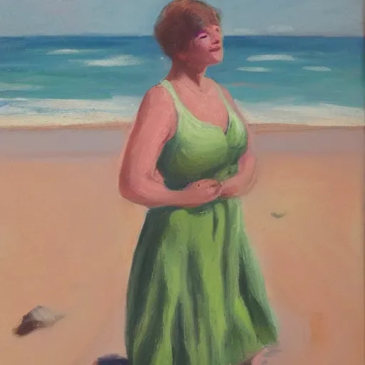 Prompt: a portrait of a woman on an english beach by nine leen