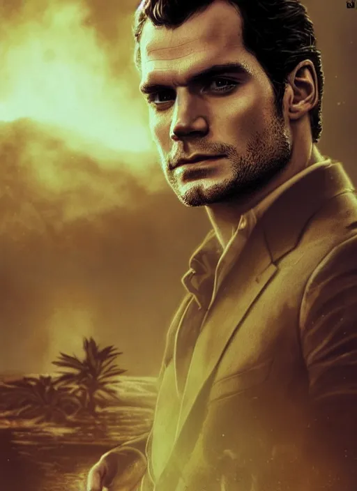 Image similar to portrait of henry cavill as james bond, fire, key art, palm trees, aston martin, highly detailed, digital painting, artstation, concept art, cinematic lighting, sharp focus, illustration, by gaston bussiere alphonse mucha