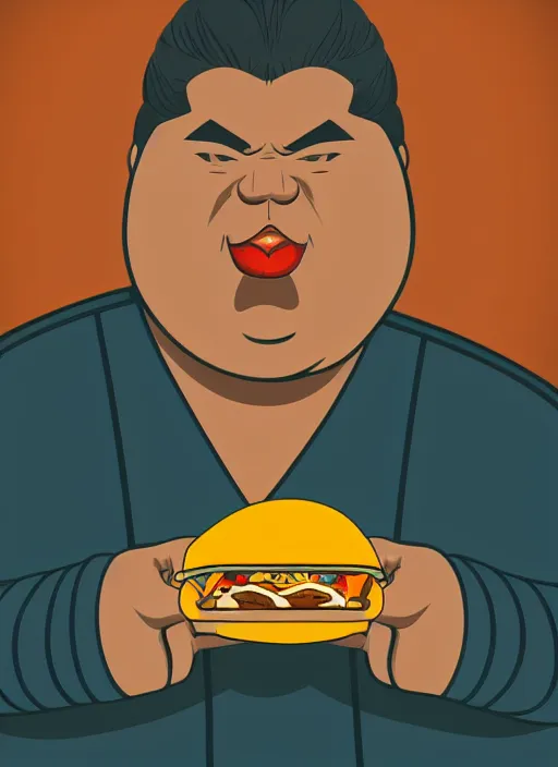 Prompt: sumo wrestler eating crunchy classic taco, holding hot sauce, portrait, bokeh background, neon lights, city background, high definition, borders, illustration, by jean baptise, muted colors, retro