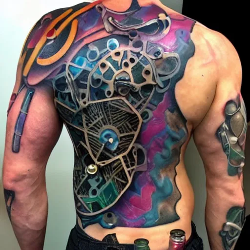 Image similar to bodybuilder with a full body tattoo of a 3 d hole in the skin with a shiny multicolored metallic gears and tubes robotic mechanics inside under the skin, insanely integrate,