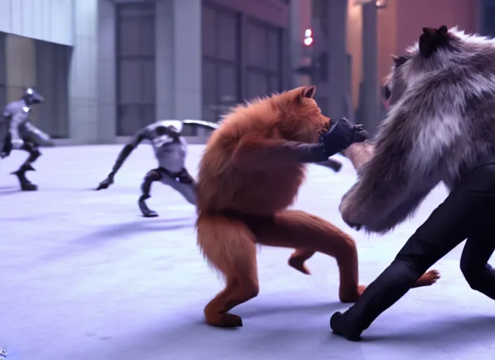 Image similar to nicolas cage beating up furry cosplayers, 8 k, octane render, choreographed fight scene, composition,
