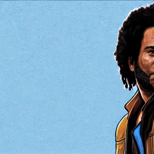 Image similar to detailed accurate portrait of lenny kravitz as han solo, star wars movie still, high resolution image, dc comics art style, artstation trends, 8 k