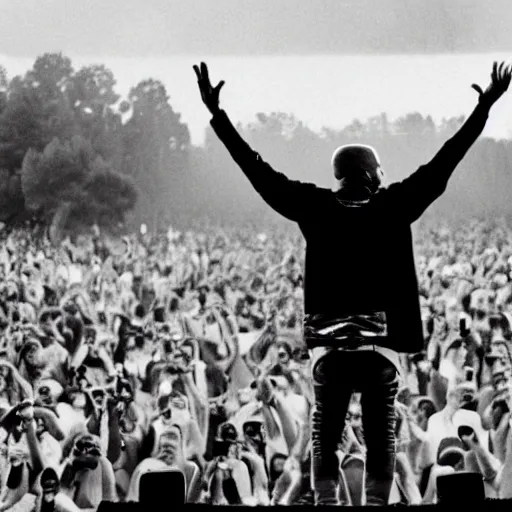 Prompt: Kanye West performing at Woodstock, photograph, black and white