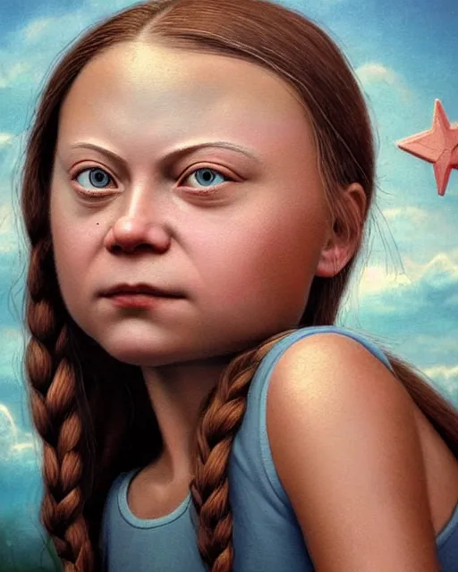 Prompt: closeup face profile portrait of greta thunberg as a soviet space toy, bikini, depth of field, zeiss lens, detailed and intricate environment, fashion photoshoot by nicoletta ceccoli, mark ryden, lostfish, breathtaking, 8 k resolution, artistic, hyperrealistic, octane render