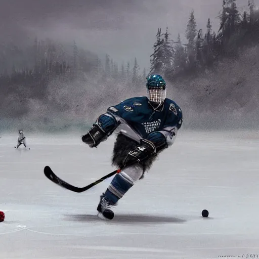 Prompt: polar bear playing hockey at stanley cup, intricate, sharp focus, illustration, highly detailed, digital painting, concept art, matte, art by ruan jia and wlop and greg rutkowski, masterpiece