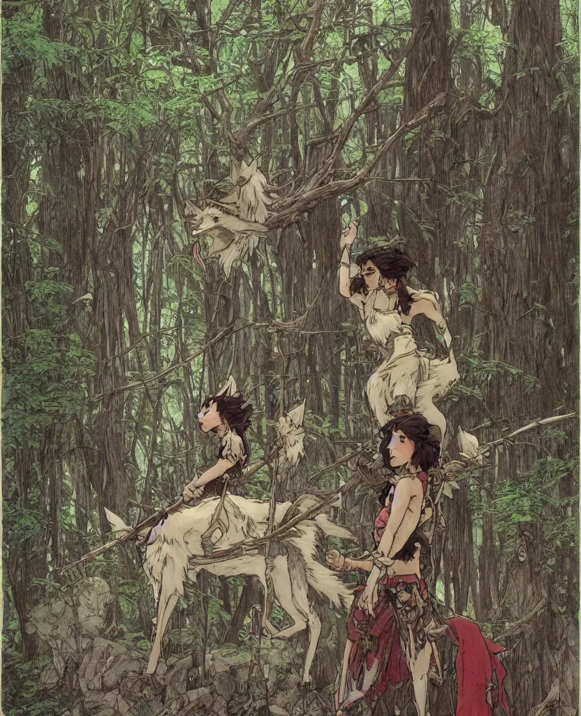 Image similar to Princess Mononoke, single figure, wolves, fully clothed in armor, lush fairy forest, neon, concept art, schematics, studio ghibli, gnarly trees, painted by norman rockwell, mucha, james gurney, high detail, denoised, sharp, architectural