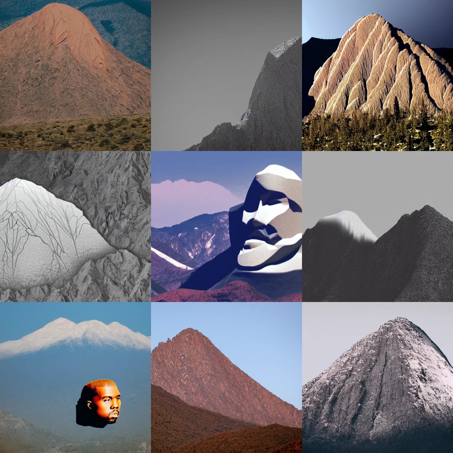 Prompt: Mountain shaped like Kanye West's head, photograph