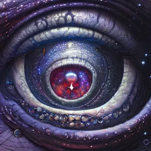 Image similar to low angle shot of a eye with the galaxy in the iris by clive barker, intricate, elegant, highly detailed, centered, digital painting, artstation, concept art, smooth, sharp focus, illustration, artgerm, Tomasz Alen Kopera, Peter Mohrbacher donato giancola, Joseph Christian Leyendecker, WLOP, Boris Vallejo.